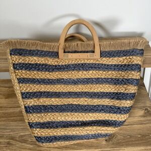 Antik Kraft Boho Woven Jute Straw Tote Bag Blue Tan Striped Wood Handles...